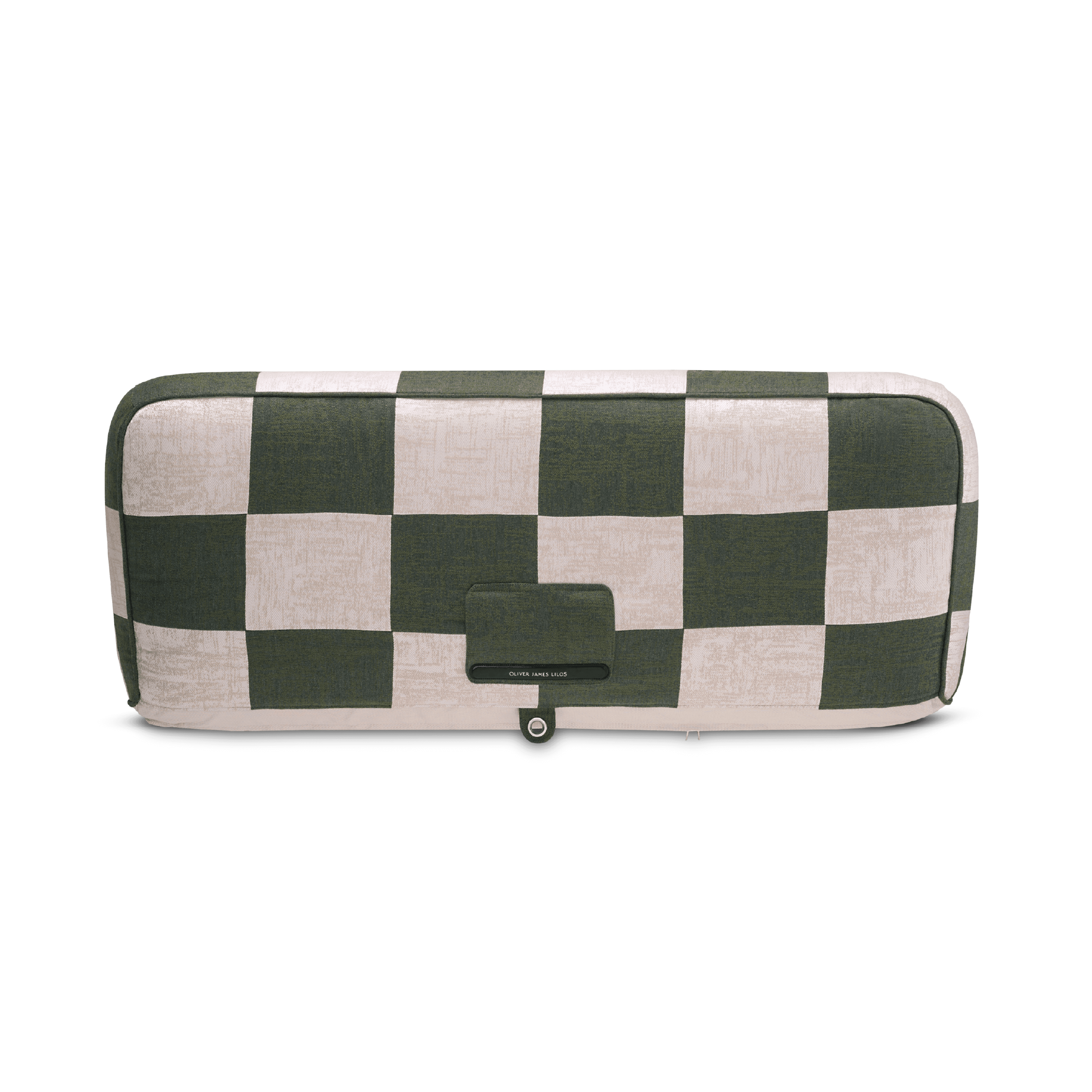 Double pool float showing green-and-white patchwork jacquard panels and beige base