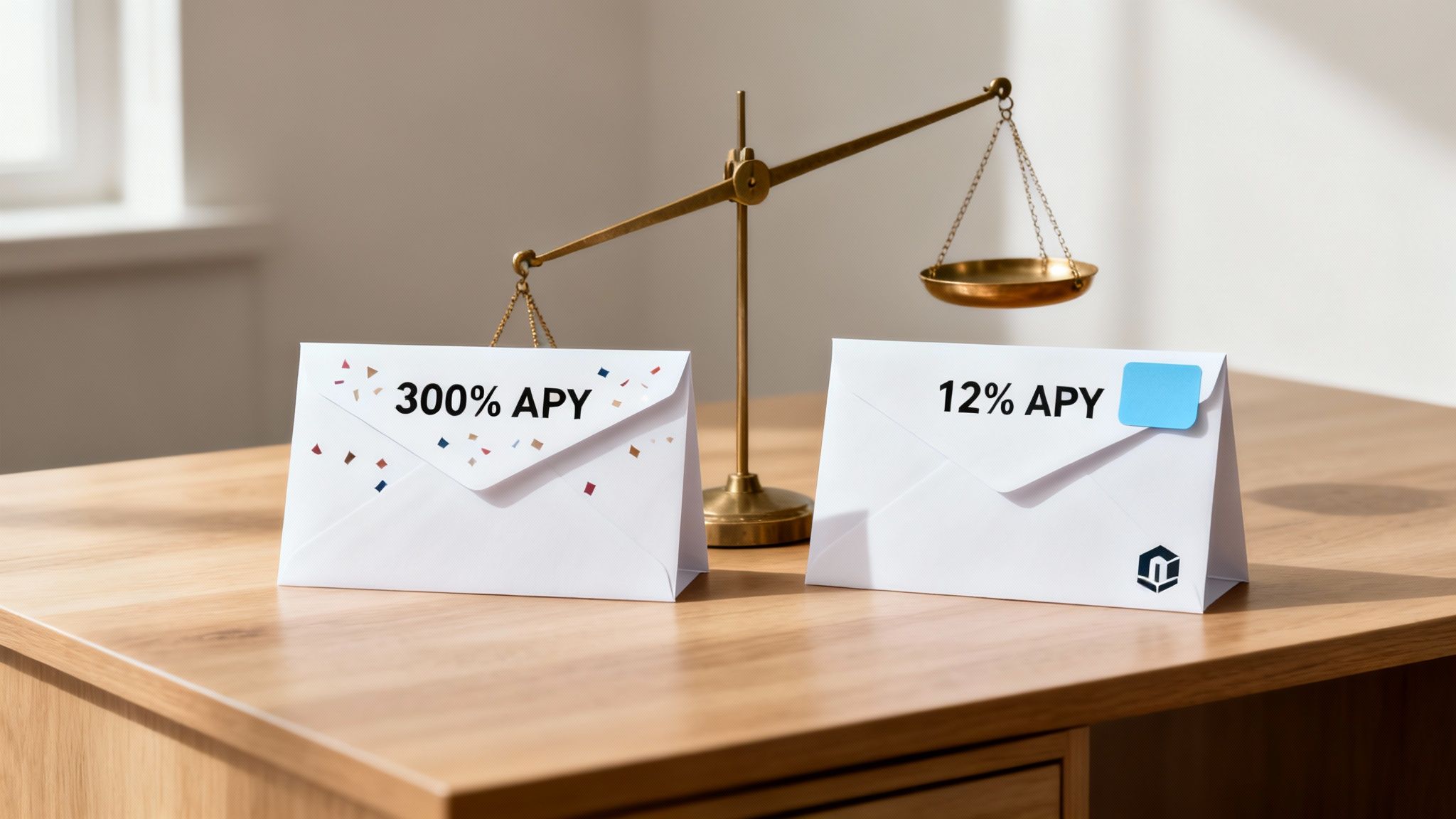 Two envelopes with 300% APY and 12% APY text, balanced by a scale on a wooden table.