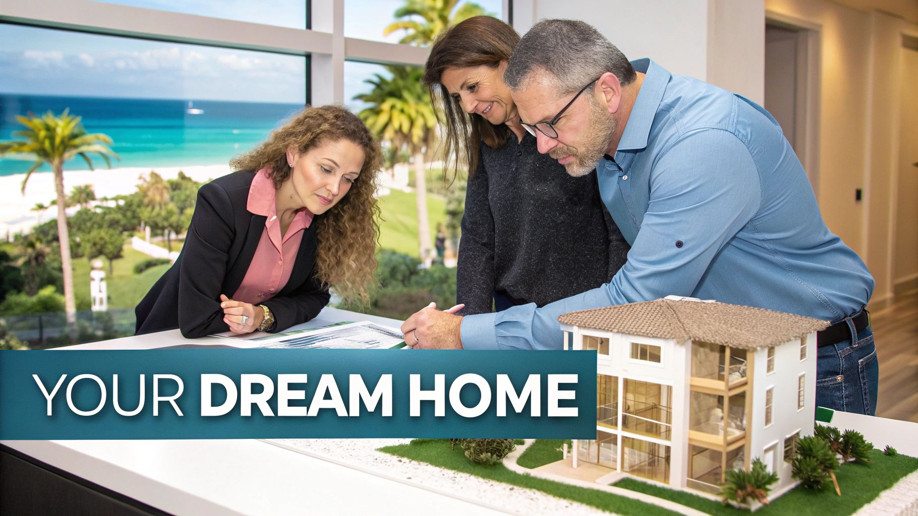 A custom home builder discusses architectural plans and a house model with a couple, overlooking a beach.