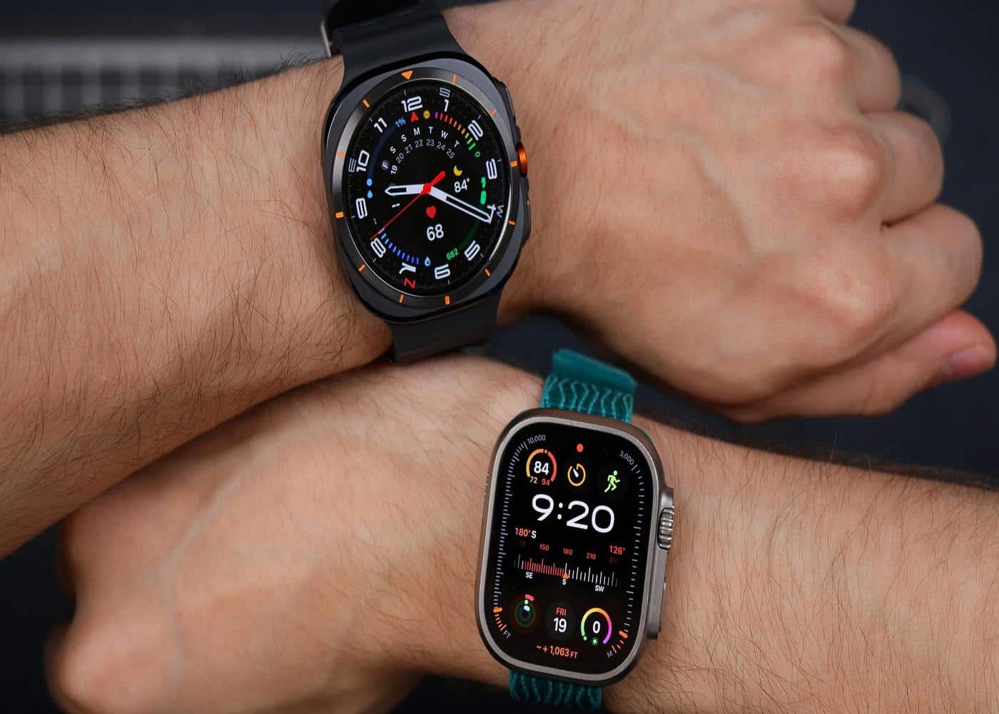 Are fitness Trackers accurate? Closeup of two people wearing an Apple and Samsung Watch