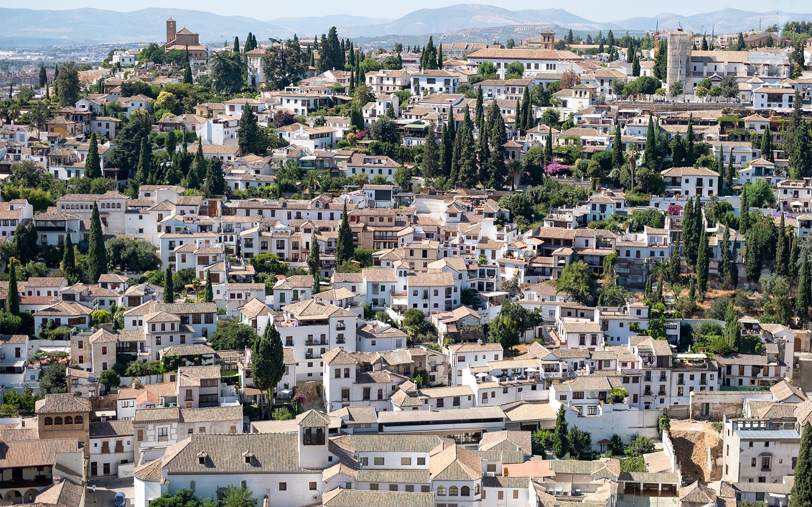 Granada's Albaicín district with traditional white houses and cypress trees near Alhambra.