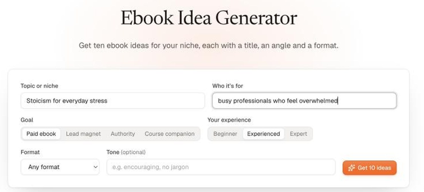 Koobe ebook idea generator form with the topic Stoicism for everyday stress filled in, for busy professionals who feel overwhelmed, with the goal set to Paid ebook and the experience set to Experienced.