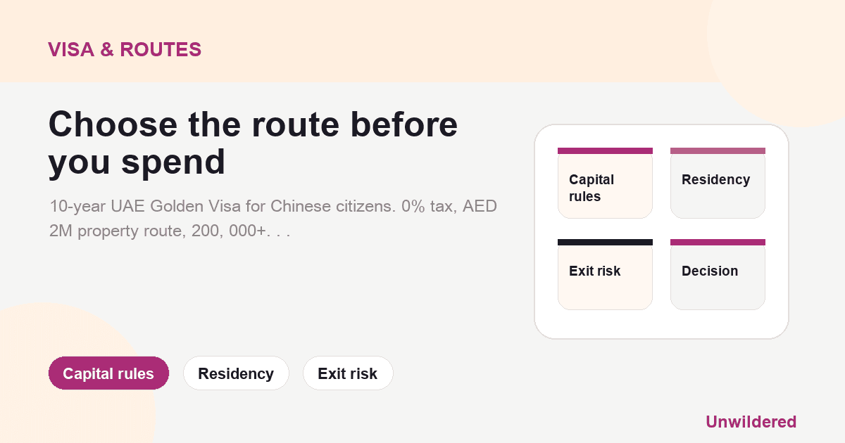 Explainer card for UAE Golden Visa for Chinese Citizens 2026: Capital rules, Residency, Exit risk.