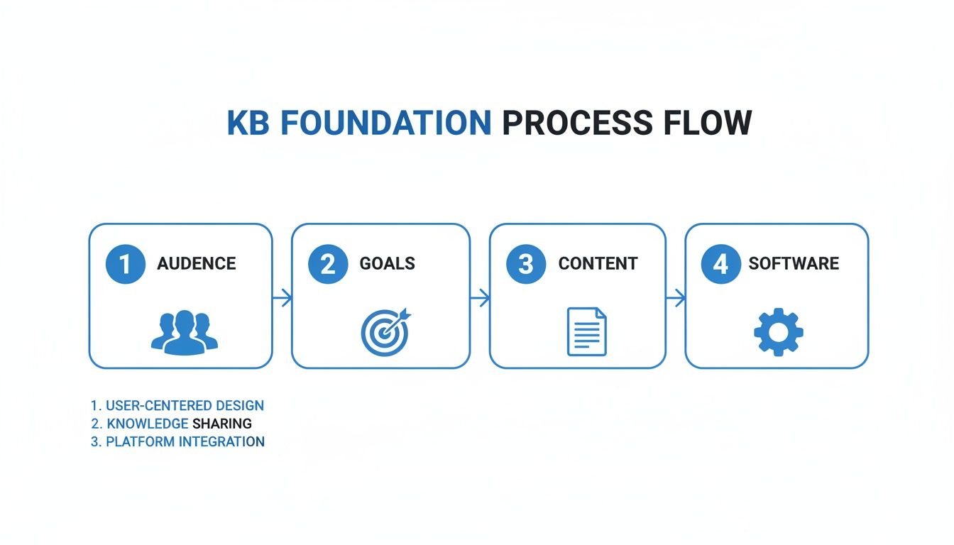 A four-step knowledge base foundation process flow, detailing audience, goals, content, and software.