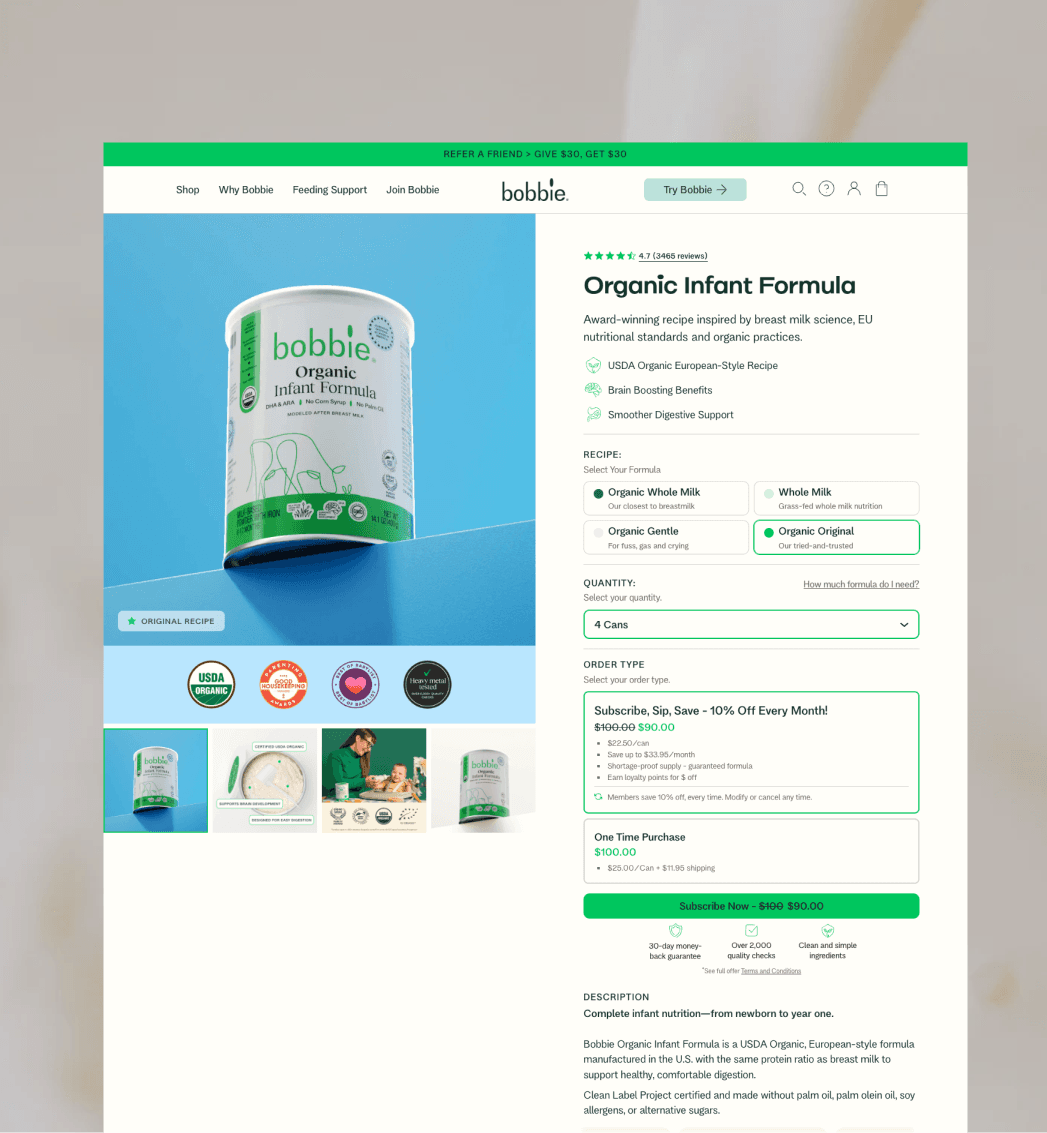 Bobbie product detail page optimized for subscription enrollment
