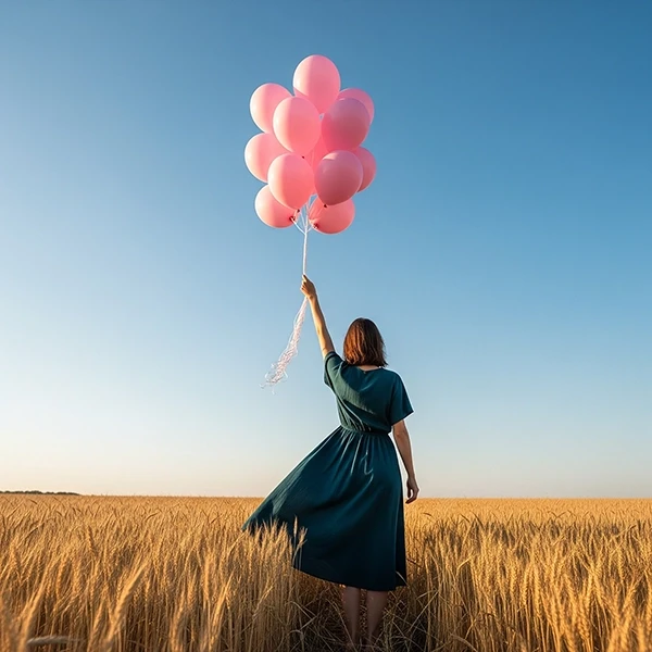 Woman in teal dress holding bunch of pink balloons aloft standing in golden wheat field against clear blue sky, dreamy lifestyle editorial photography