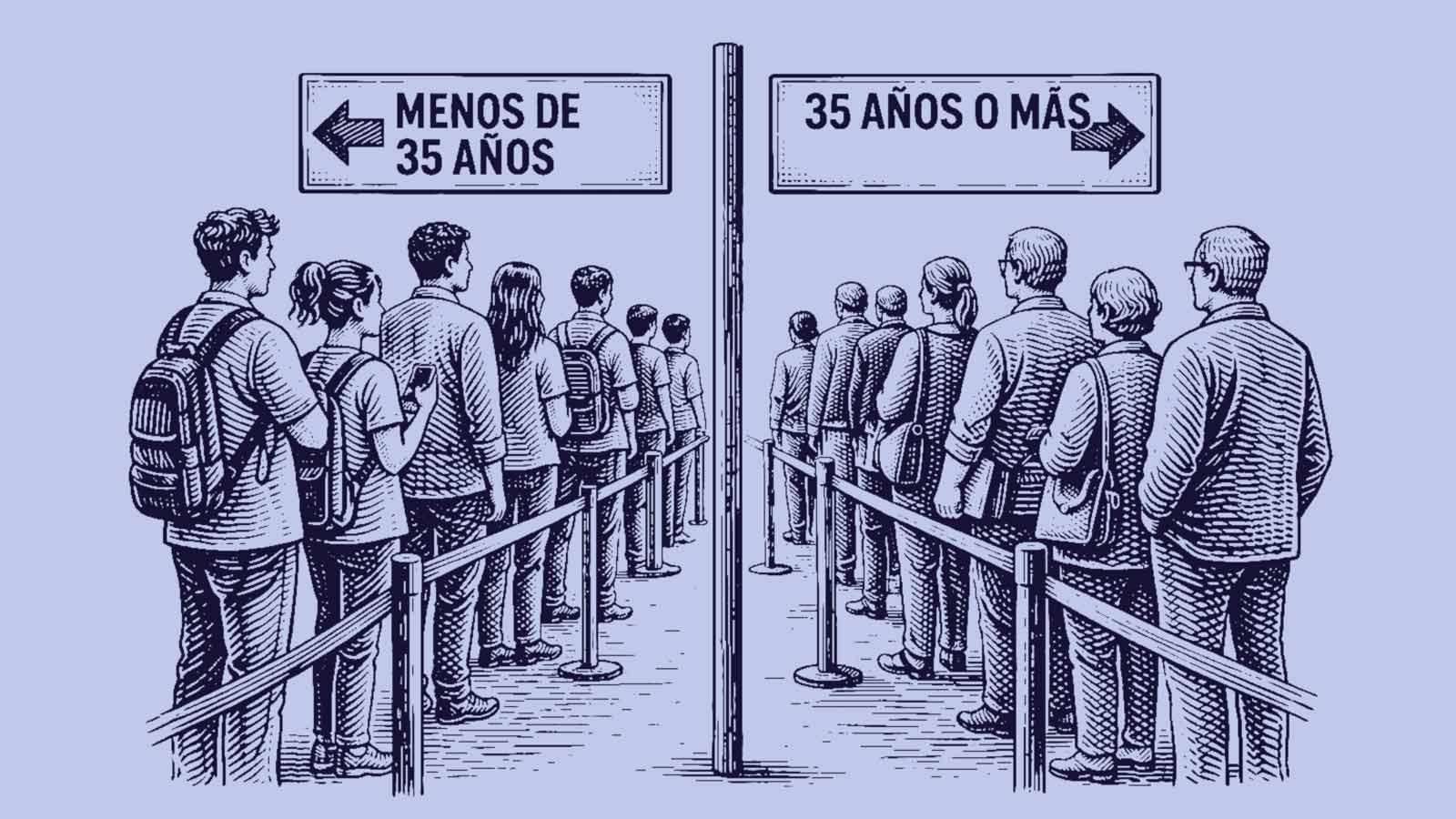 Ilustración de personas que se forman en dos filas según sus edades en la carta al director Postulaciones solo hasta los 35 de IdeaPaís.