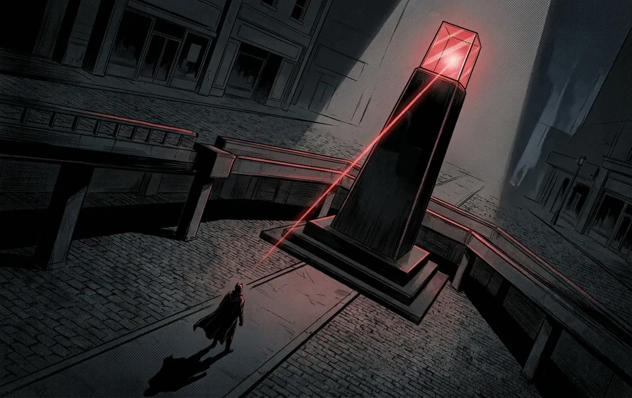 Dark cityscape with a red beam-lit monument, symbolizing RockN' Socials' digital marketing agency.