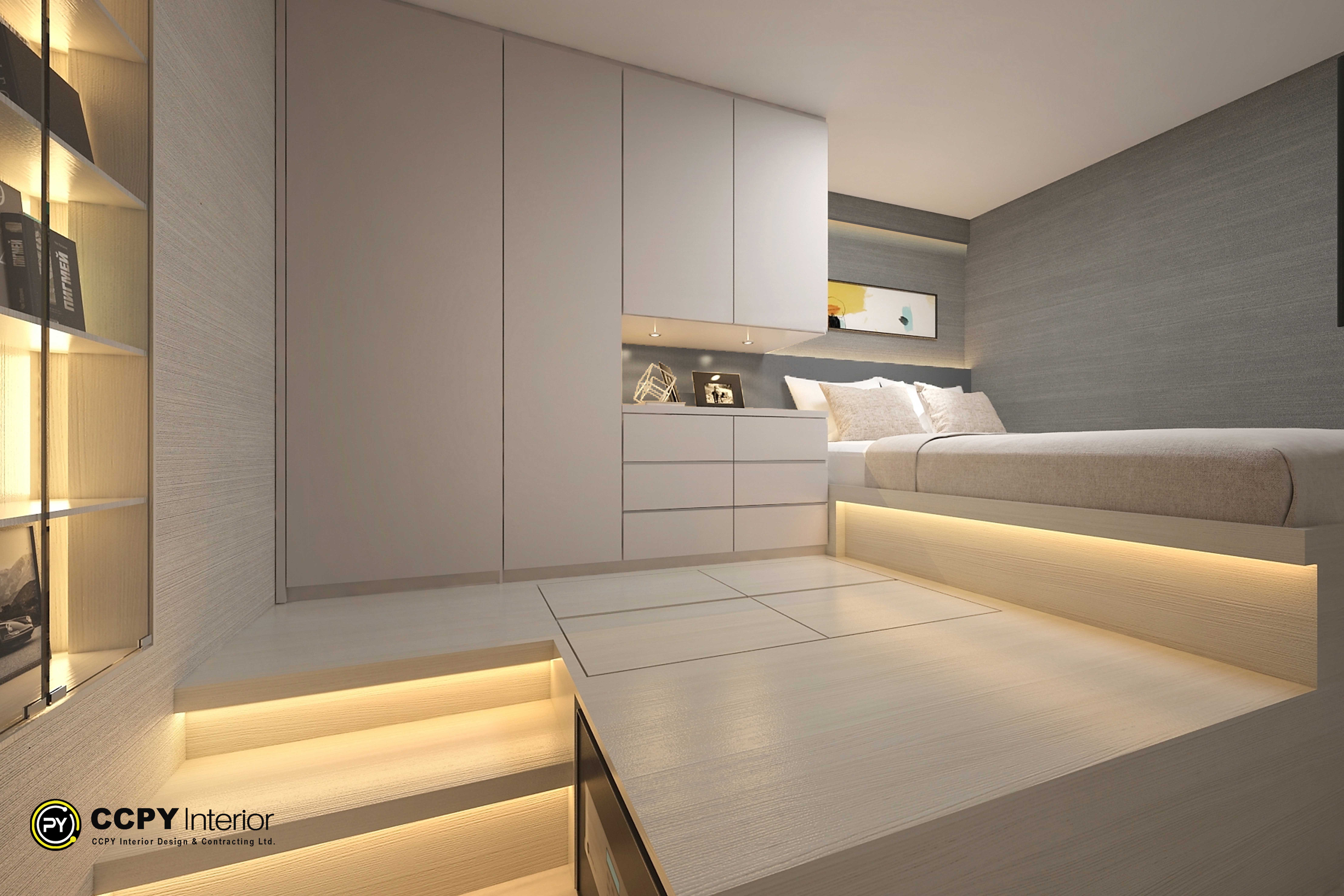 The selected region displays a modern, minimalist bedroom featuring an elevated platform bed with integrated warm LED strip lighting underneath the steps and bed frame. The design utilizes a clean, light wood or off-white color palette with seamless, handleless cabinetry built into the wall for a sleek look.Key Features of the DesignElevated Platform: Maximizes vertical space and separates the sleeping area.Integrated Lighting: Built-in LED strips provide soft, ambient under-bed illumination.Seamless Storage: Built-in flush wardrobes and drawers minimize visual clutter.Neutral Palette: Light-toned wood and panels create a bright, spacious feel.