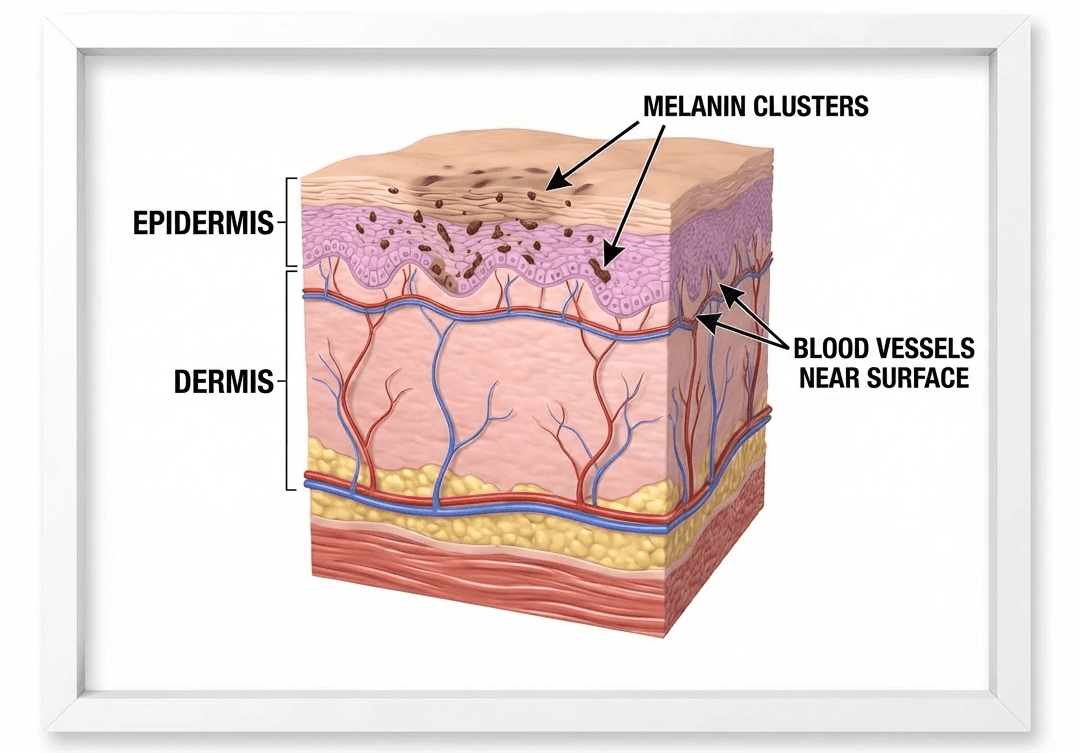 A 3D medical illustration showing the cross-section of the under-eye area, highlighting melanin clusters in the epidermis and the proximity of blood vessels to the skin surface.  