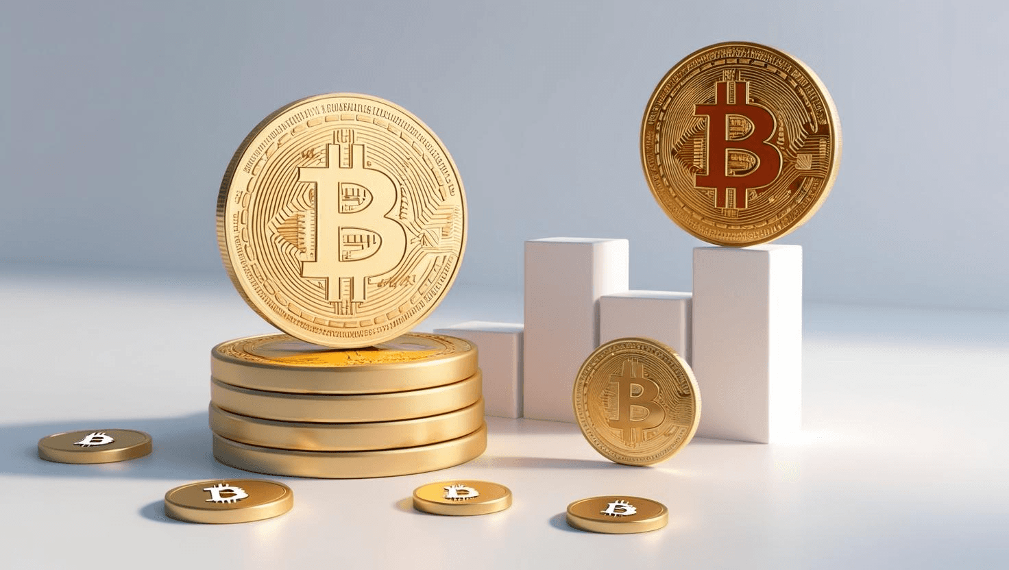 Stacked Bitcoin coins on white podiums - On-Chain Transactions 