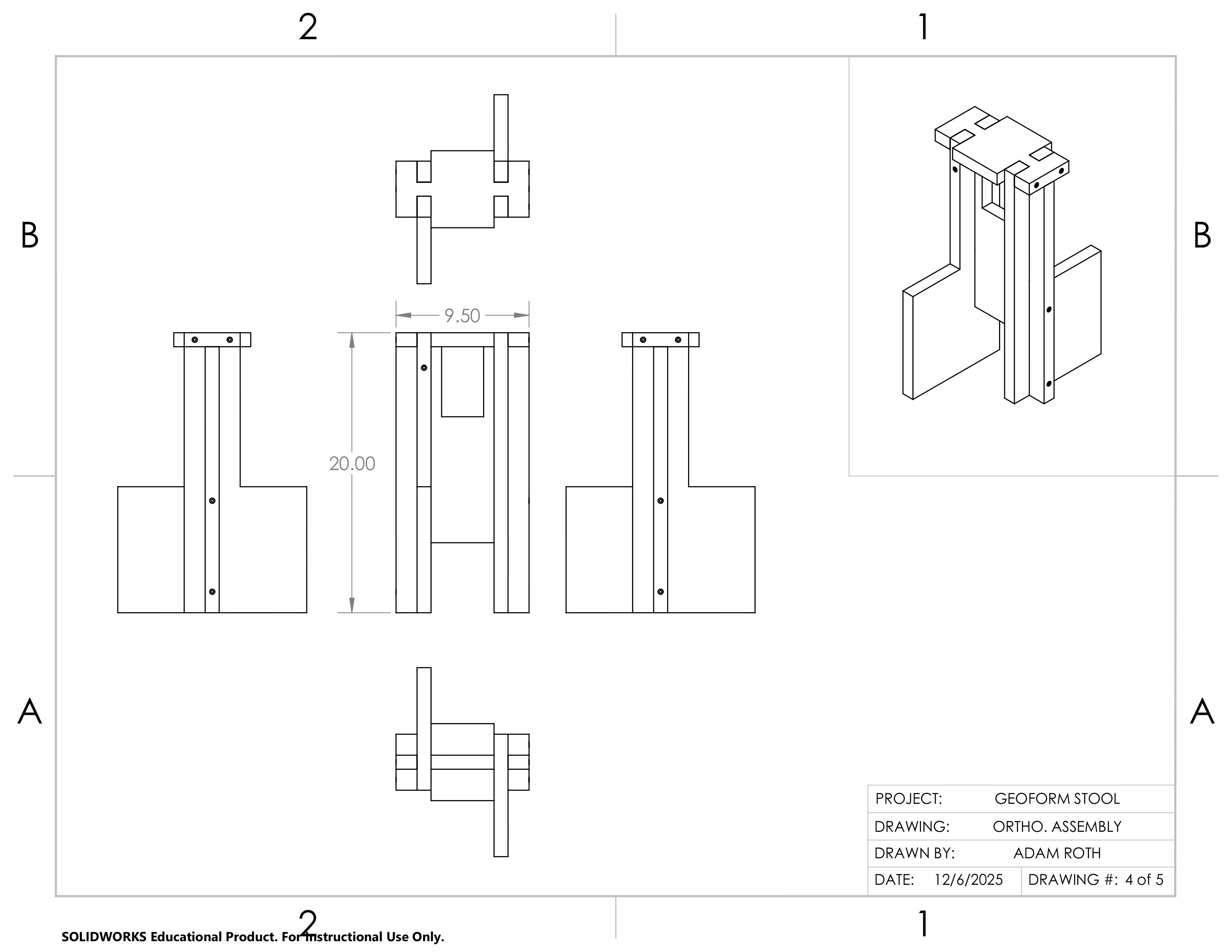 Assembled stool alignment and dimensions with screw placement and depth accounted for