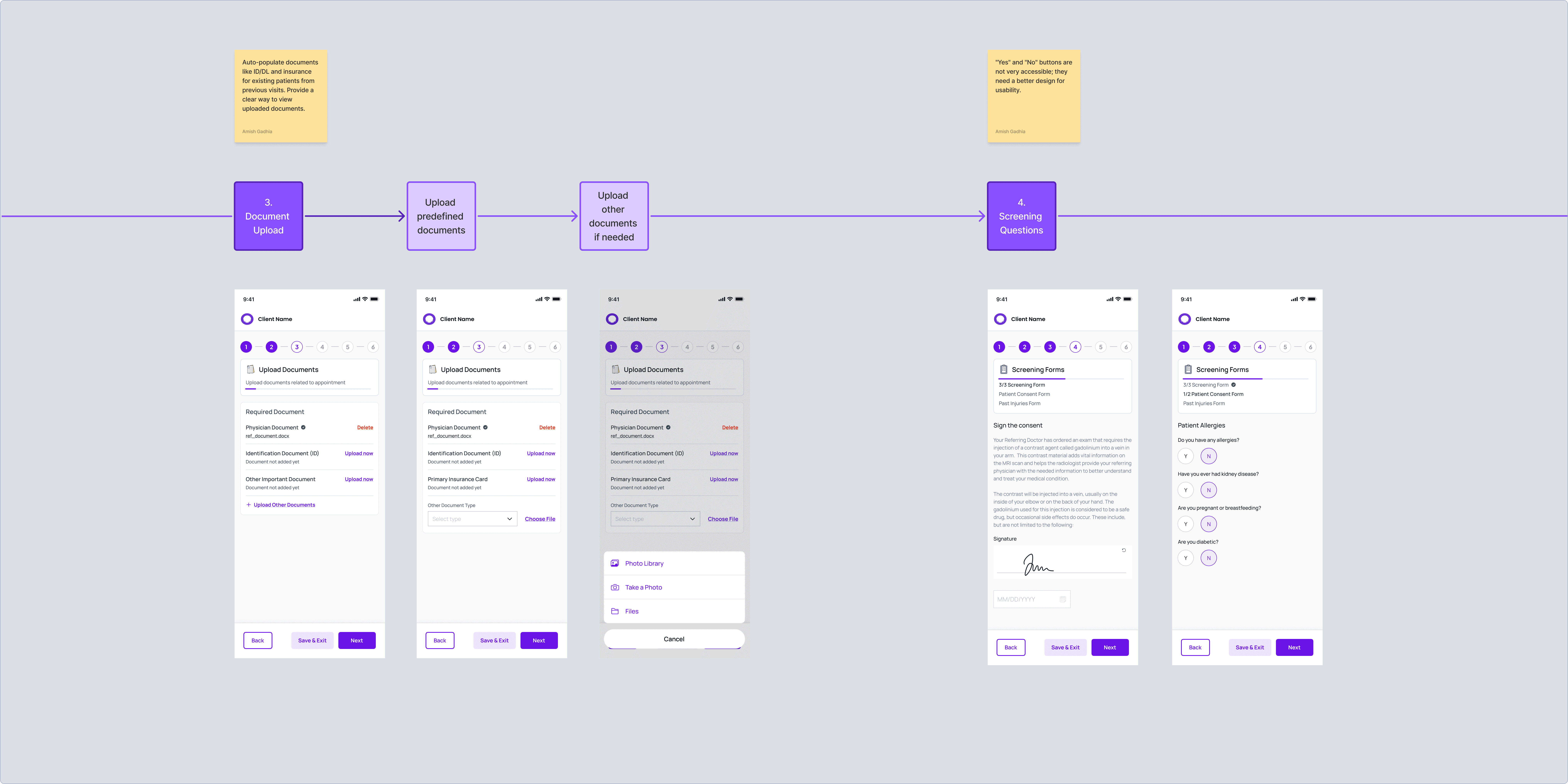 User flow of document upload and screening question section with ui screens and sticky notes. 
