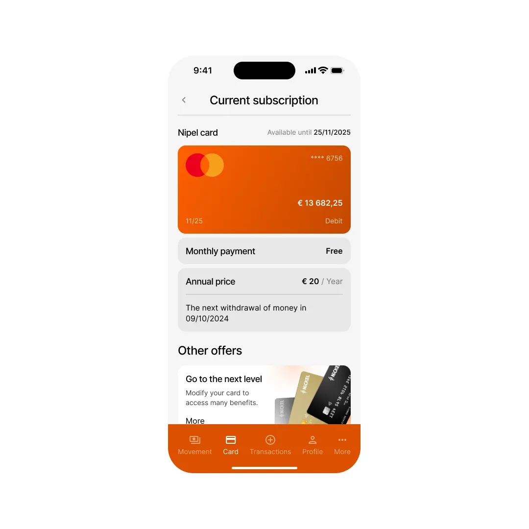 Mobile banking app subscription screen with card details and pricing information