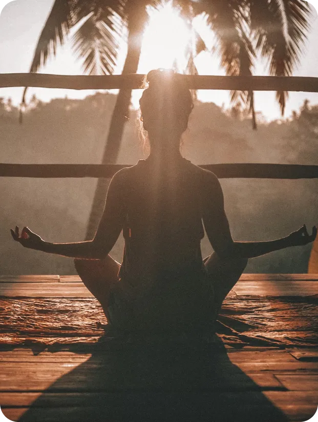 Person stretching indoors in warm light with a daily health targets card overlay