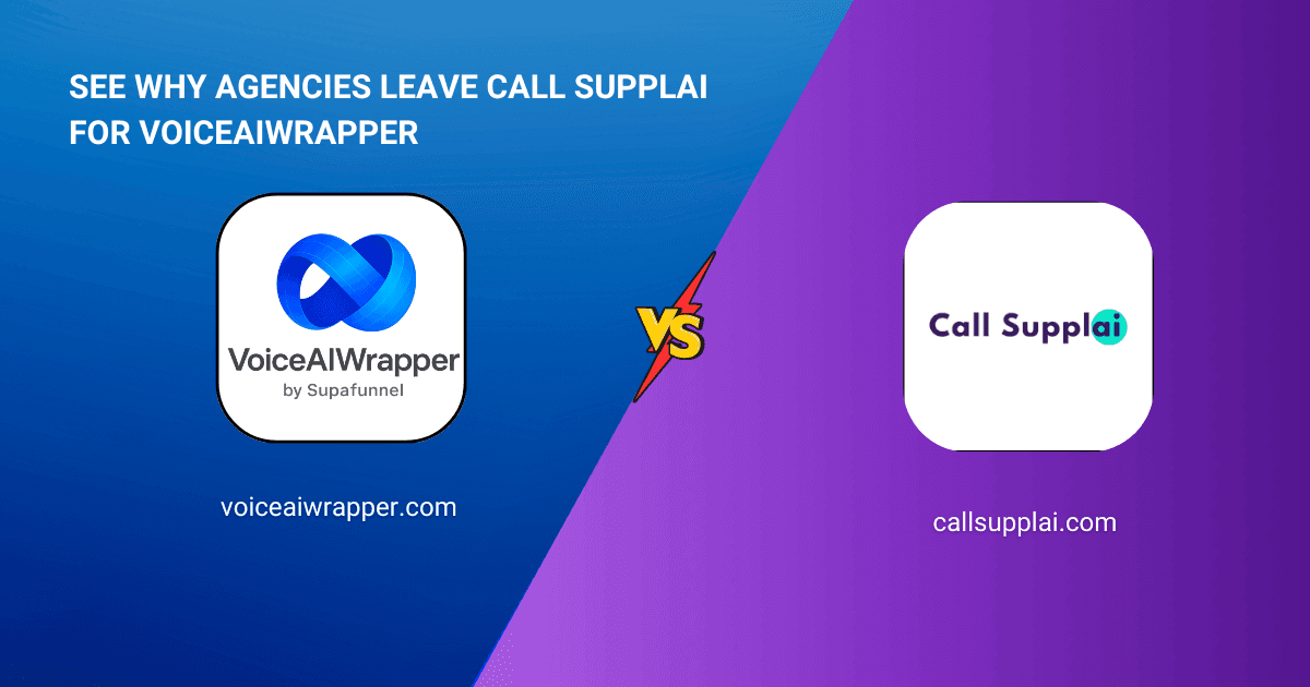 VoiceAIWrapper and Call Supplai logos in a versus comparison cover positioning VoiceAIWrapper as the Call Supplai alternative for agencies | VoiceAIWrapper.