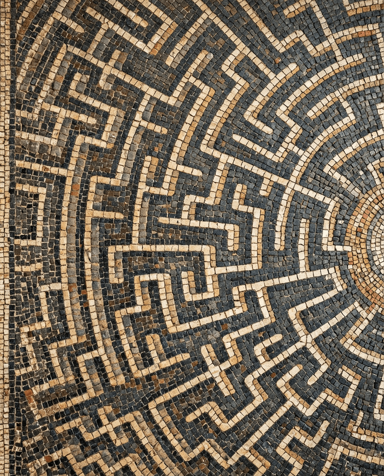 Mosaic-style artwork of a Hellenistic temple with a columned facade and sculpted pediment, perched atop a snow-covered mountain peak with a warm golden light glowing from within its inner sanctum, surrounded by drifting clouds and rugged alpine terrain.