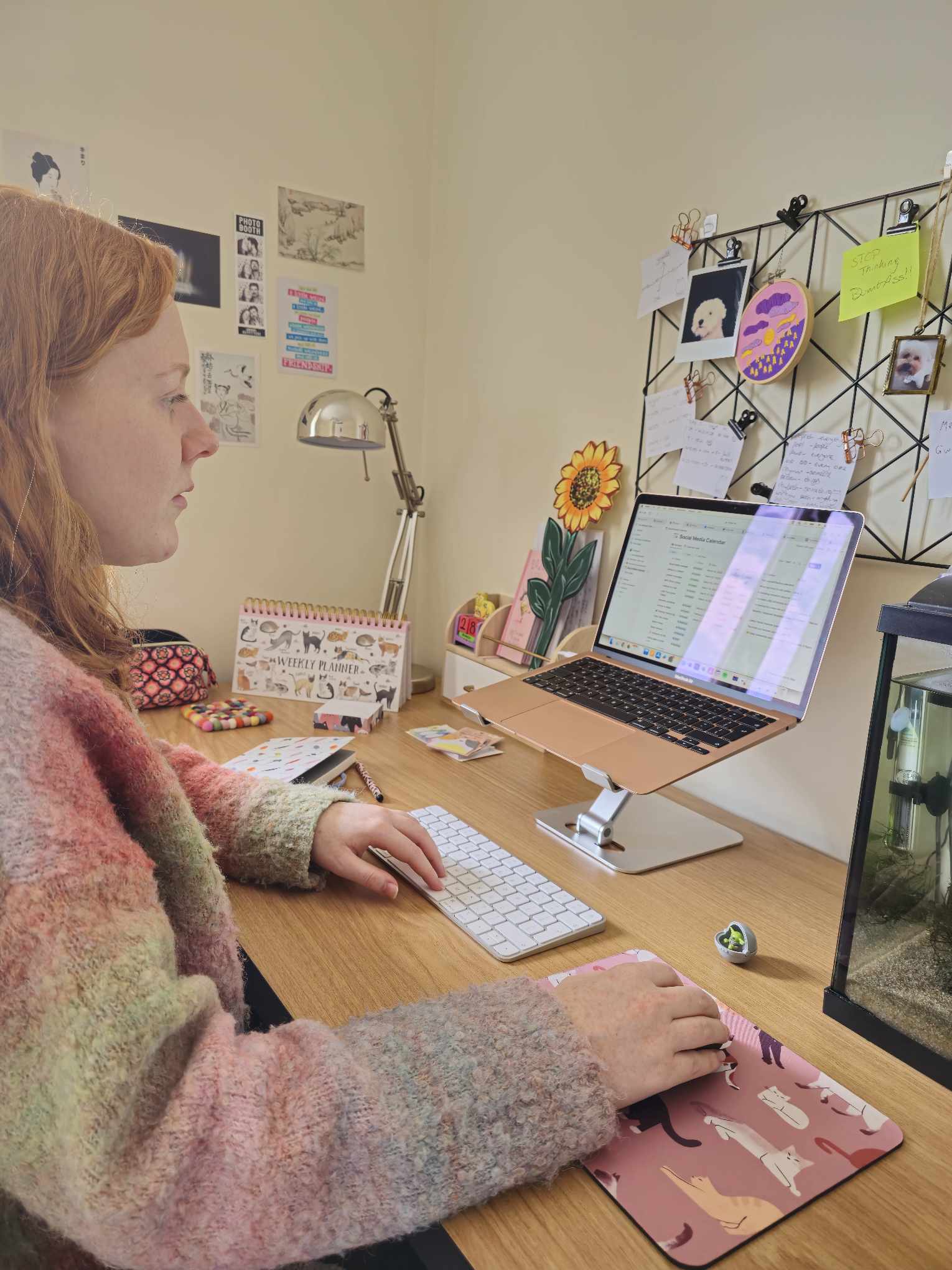 Eve with red hair working at a desk on a laptop, using a keyboard and mouse in a home office setup.