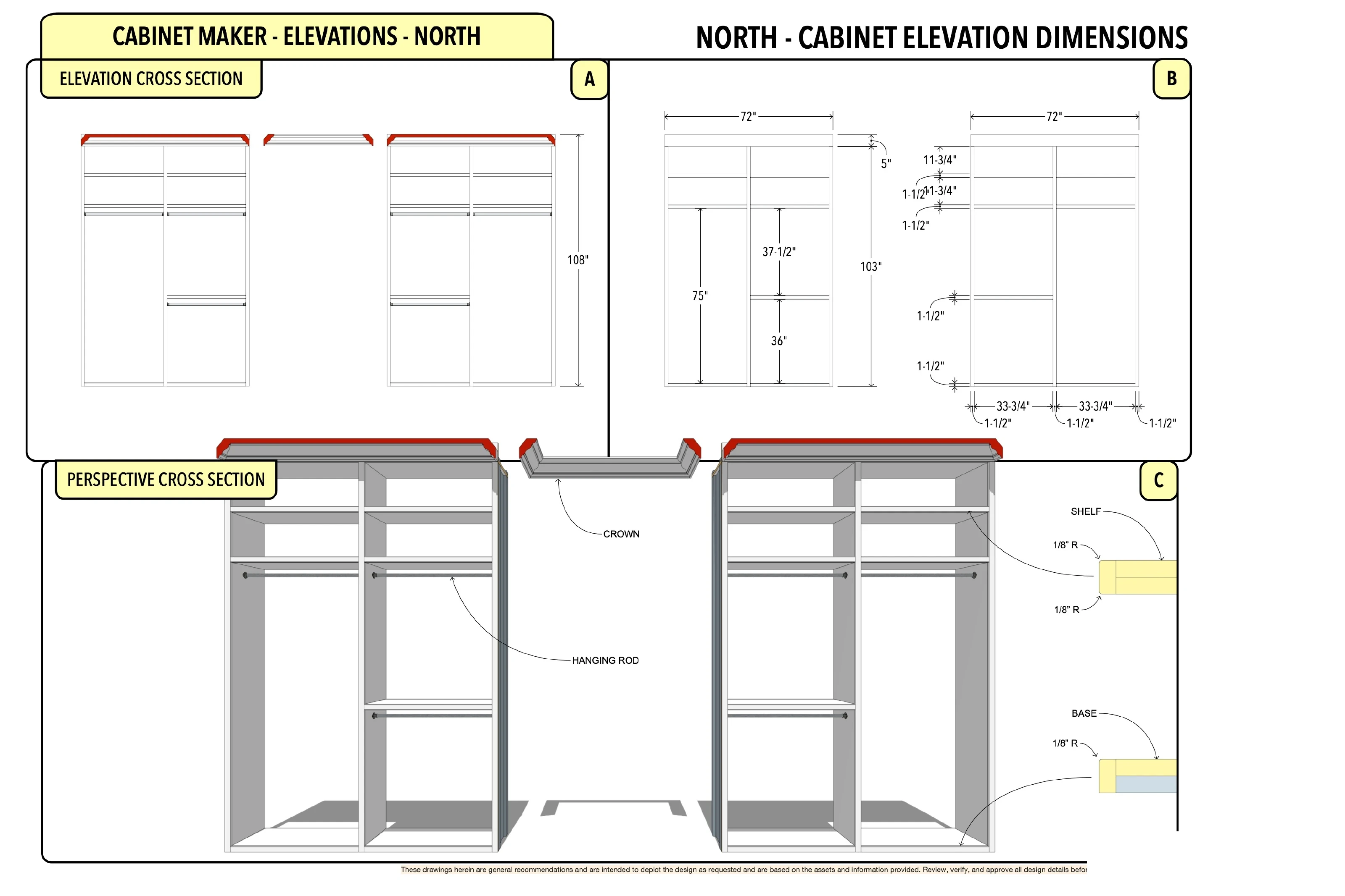 Walk-Through Wardrobes: technical cabinet elevations and interior views.