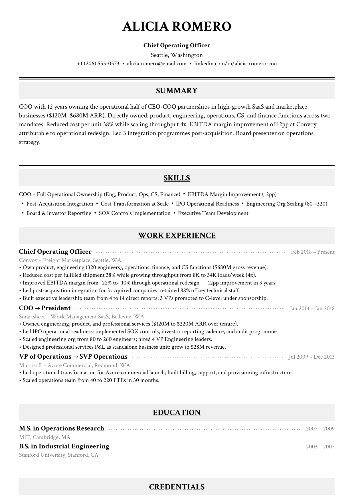 COO chief operating officer resume example