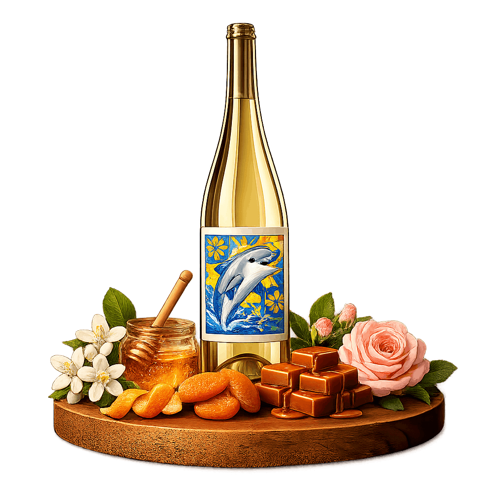 Artistic label and flavor profile for Portuguese Setúbal Moscatel on a rustic wooden table.