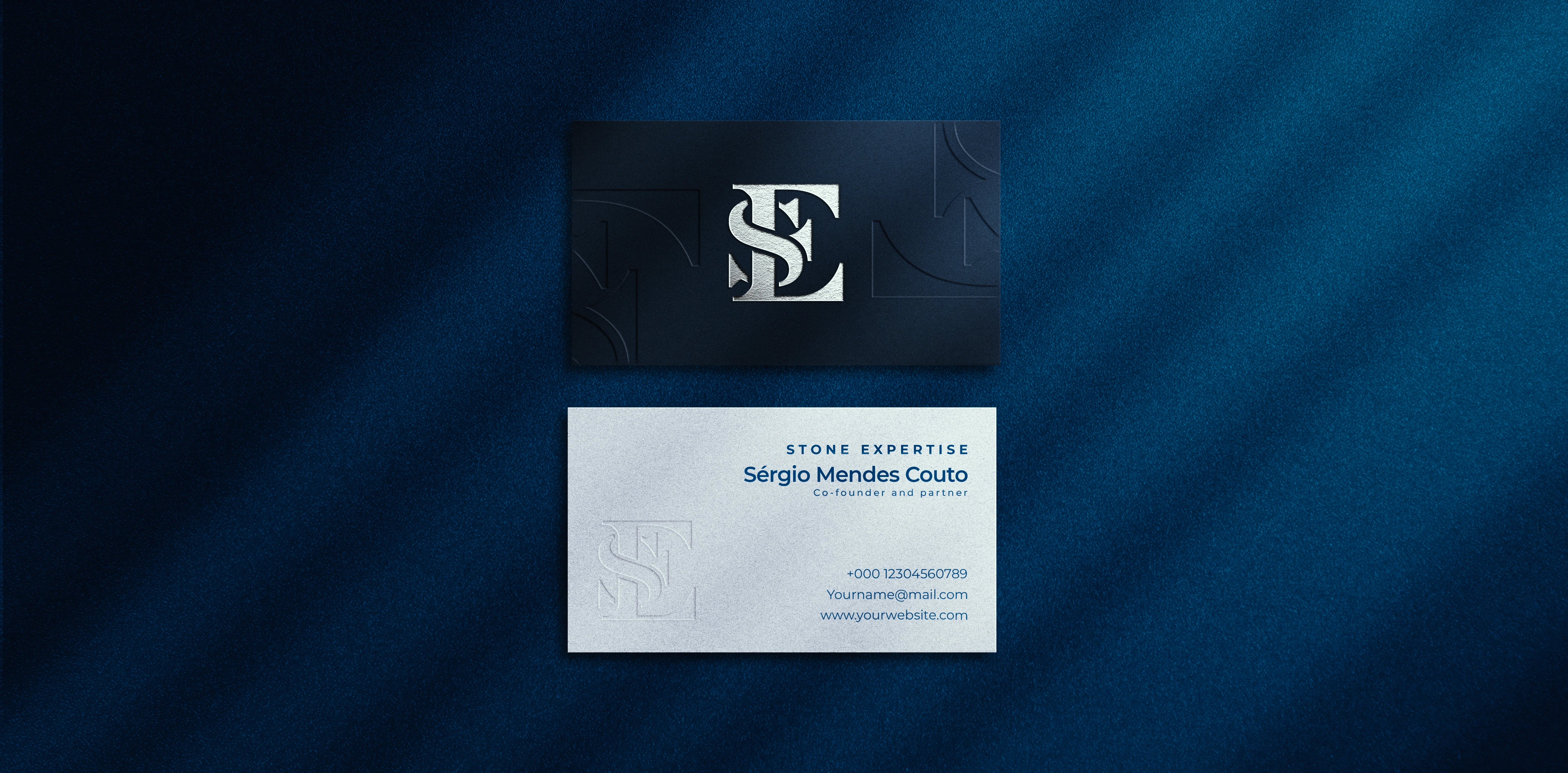 Premium business card design for Stone Expertise, a luxury natural stone consultancy, featuring a refined monogram logo, elegant typography and sophisticated blue brand identity.