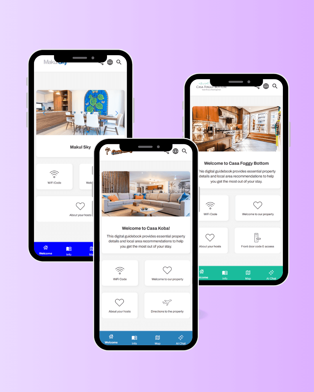 Pantallas de inicio de las guías de SmoothStay que muestran un mensaje de bienvenida personalizado, fondo de marca y accesos directos a artículos fijados