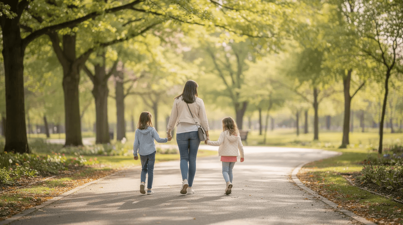 A family is walking together along a serene, tree-lined path, enjoying each other's company amidst the beauty of nature. This image symbolizes the importance of family relationships, which can sometimes be affected by legal matters such as divorce, prompting the need for compassionate guidance from experienced divorce attorneys in Orange County.