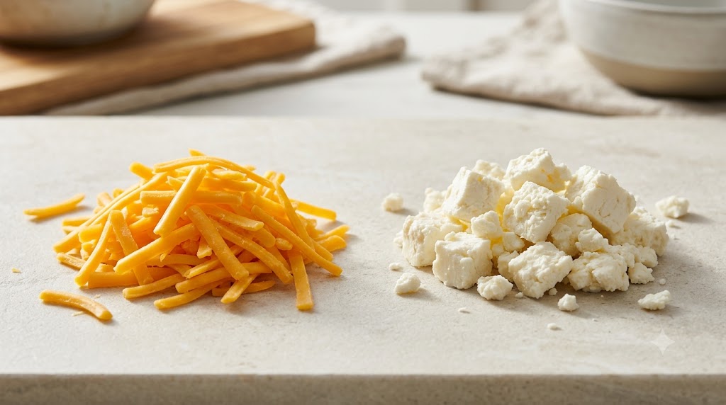 A side-by-side comparison shot of a pile of shredded orange cheddar cheese next to a pile of crumbled white feta cheese on a light stone countertop.