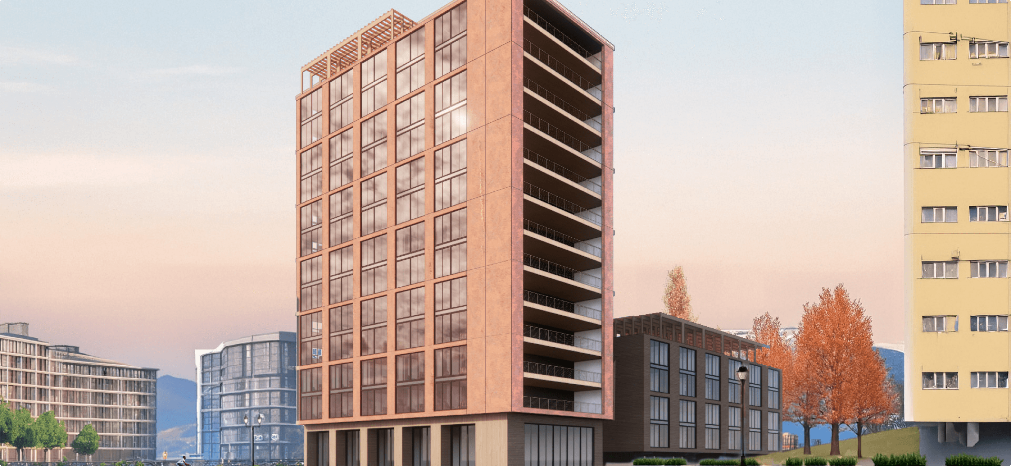 TMBR tall building with a warm-toned timber exterior, deep balconies, and a scalable modular design for high-rise applications.