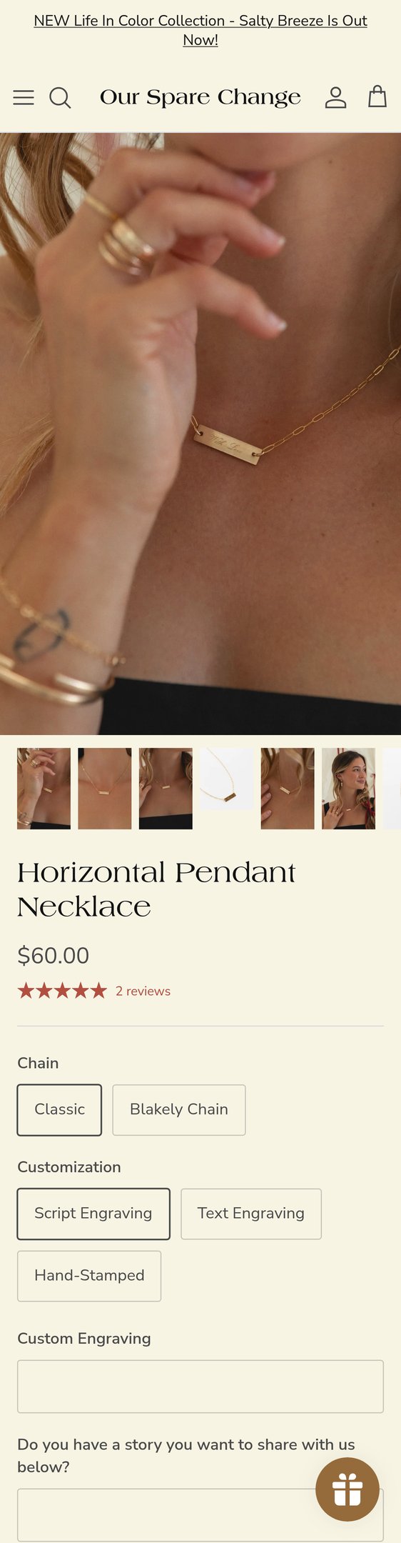 Jewelry product options include: necklace, pendant for Horizontal Pendant Necklace from Our Spare Change.