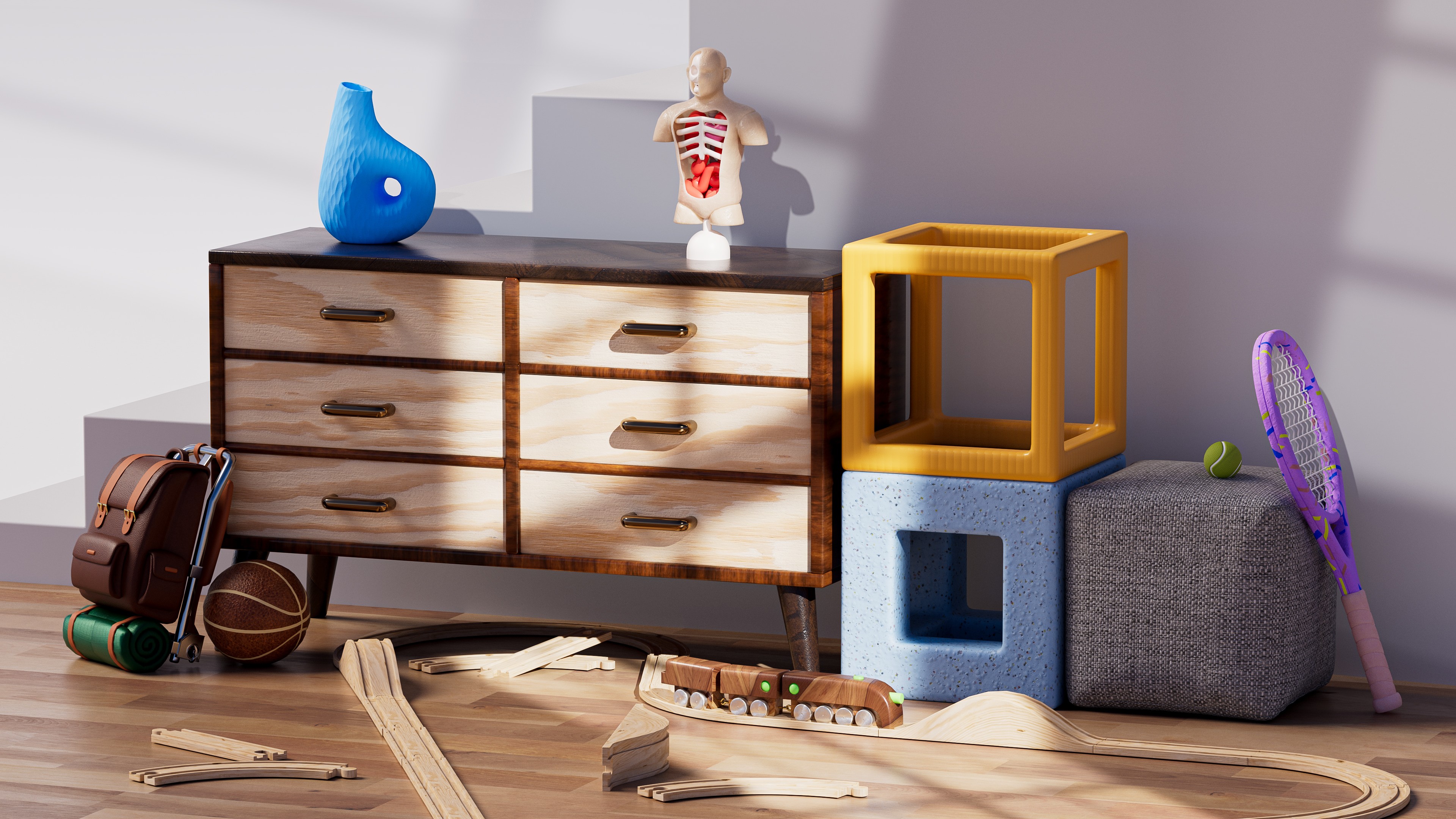 A 3D-Rendered Scene showing randomly placed furnitures in an artificially set up interior location