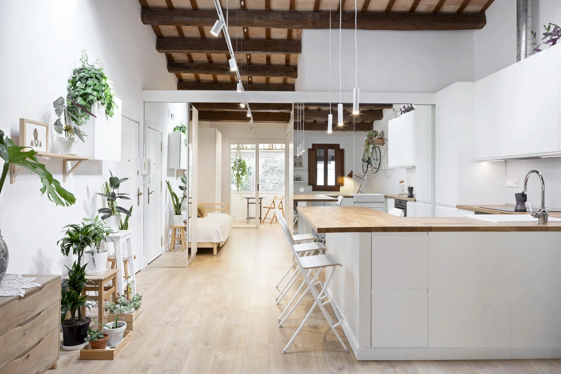 Cuisine ouverte, pièce caché par des portes miroirs, plantes et poutres bois