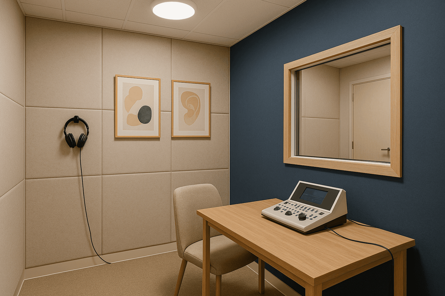 Sala insonorizada del centro auditivo equipada con tecnología avanzada y diseño acogedor para pruebas de audición