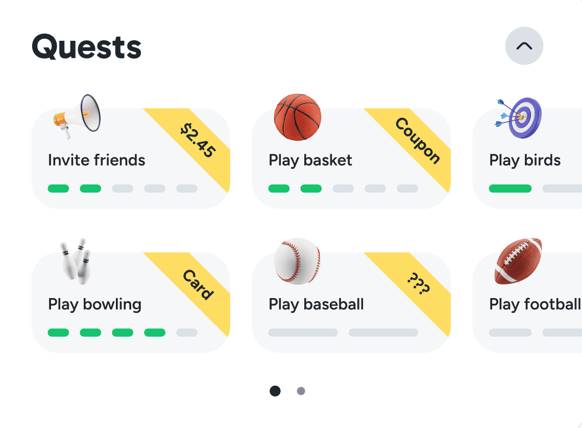 Qubi app screen showing quests like “Invite friends” and “Play basket” — gamified challenges with rewards for competition and status.