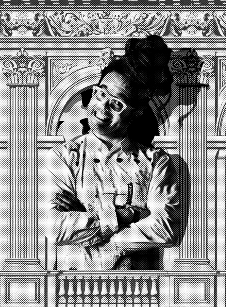 Retrato en blanco y negro de Francesco, frente a un fondo arquitectónico ornamental.