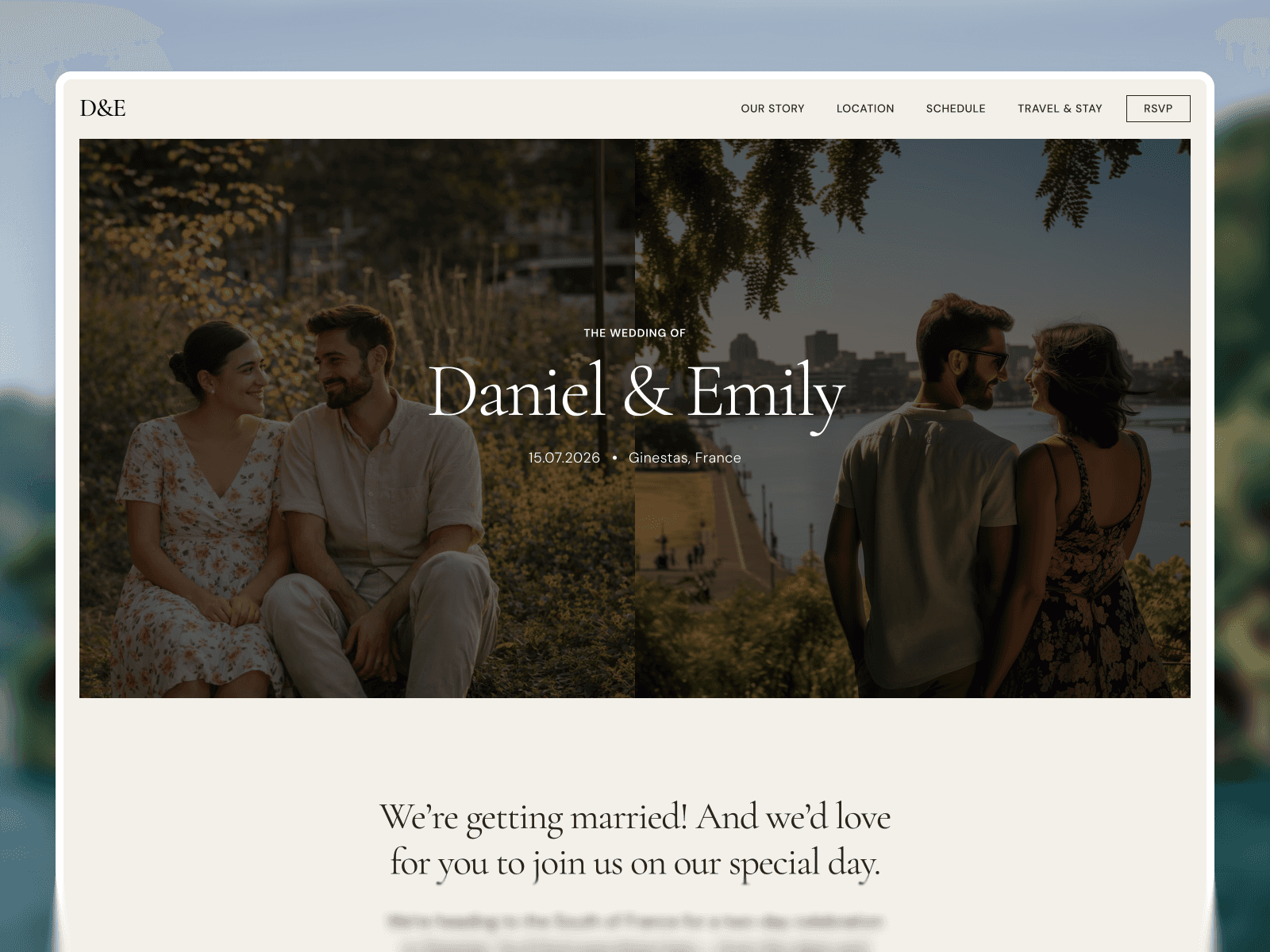 Engaged wedding invitation website template homepage