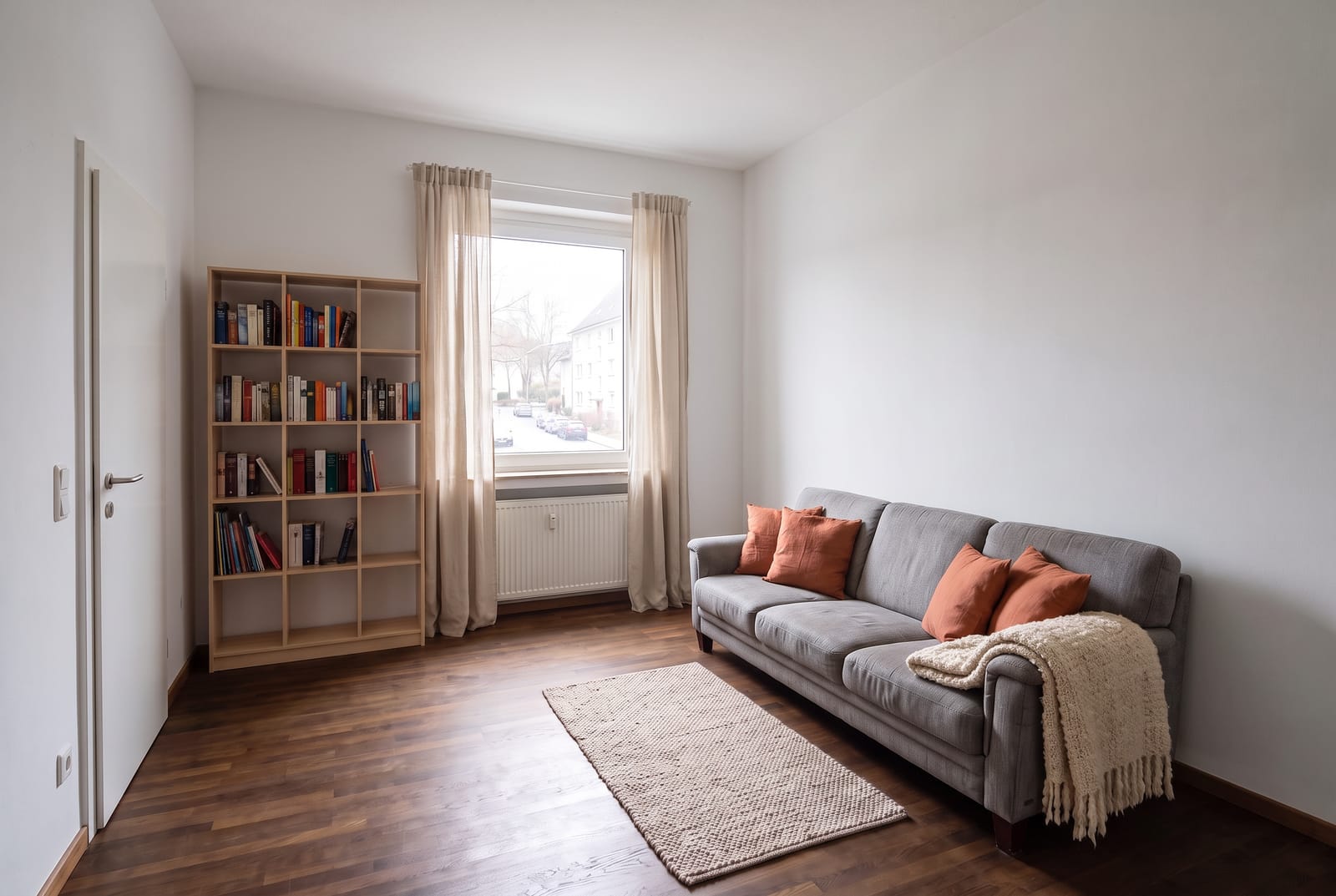 Dasselbe Wohnzimmer nur mit neuen Textilien: rostrote Kissen und ein cremefarbenes Plaid auf dem grauen Sofa, bodenlange Leinenvorhänge und ein Teppich, Wände unverändert weiß