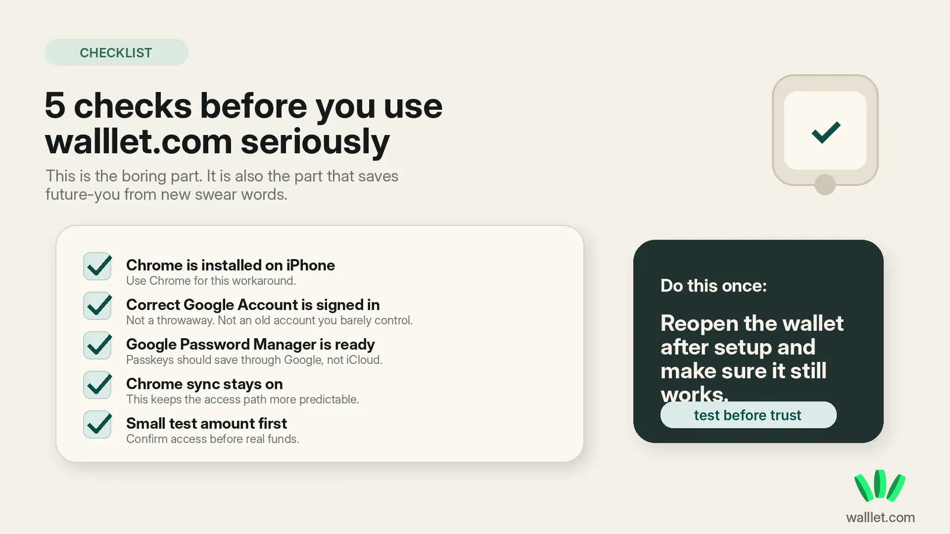 Checklist for safely setting up a walllet.com wallet on iPhone with Chrome, Google Password Manager, sync, recovery options, and a small test amount