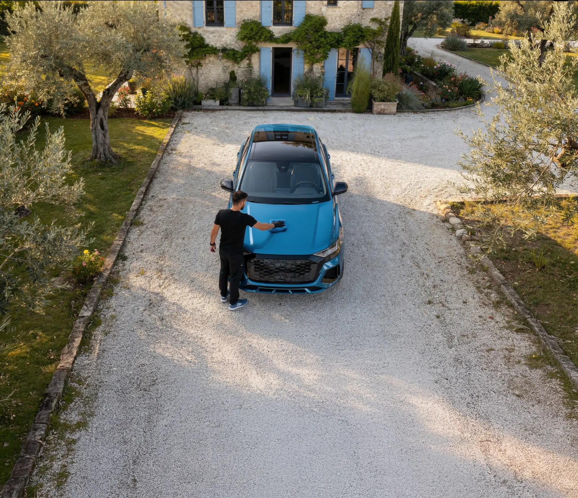 Drone shot of a running track at night