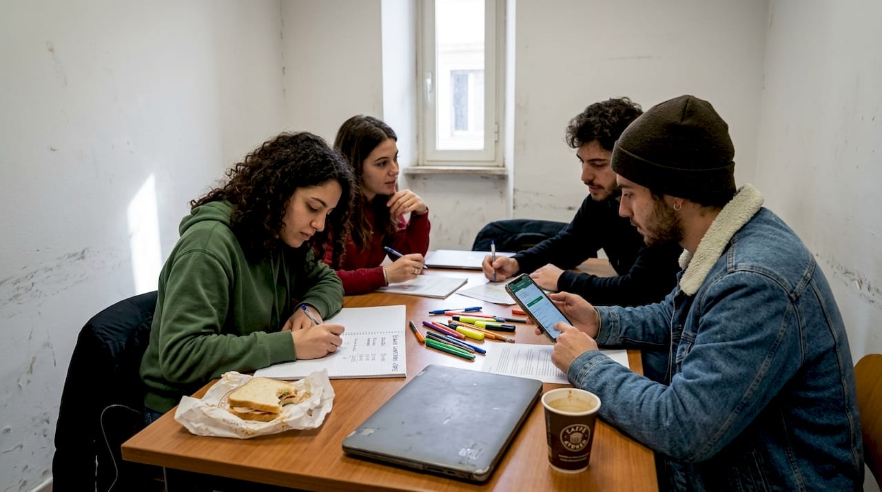 Ragazzi che lavorano insieme durante un laboratorio di finanza, confrontandosi e condividendo idee per risolvere esercizi pratici.