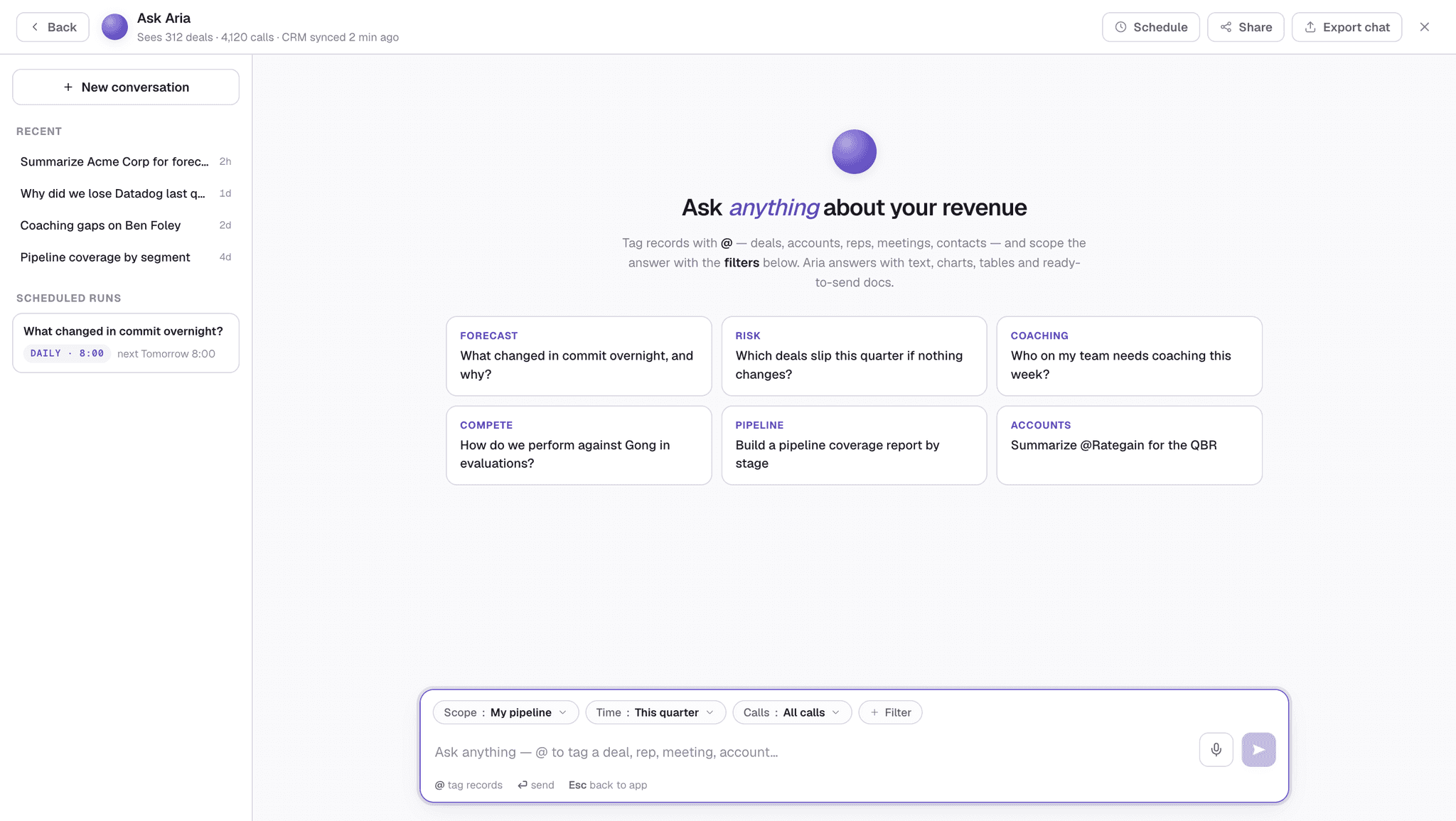 Ask Aria — ask anything about your revenue, with scoped filters and scheduled runs