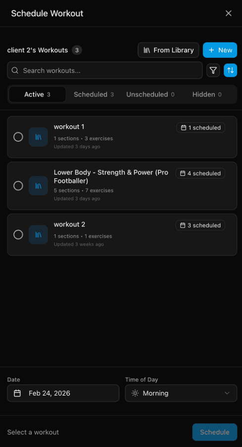 workout scheduling page