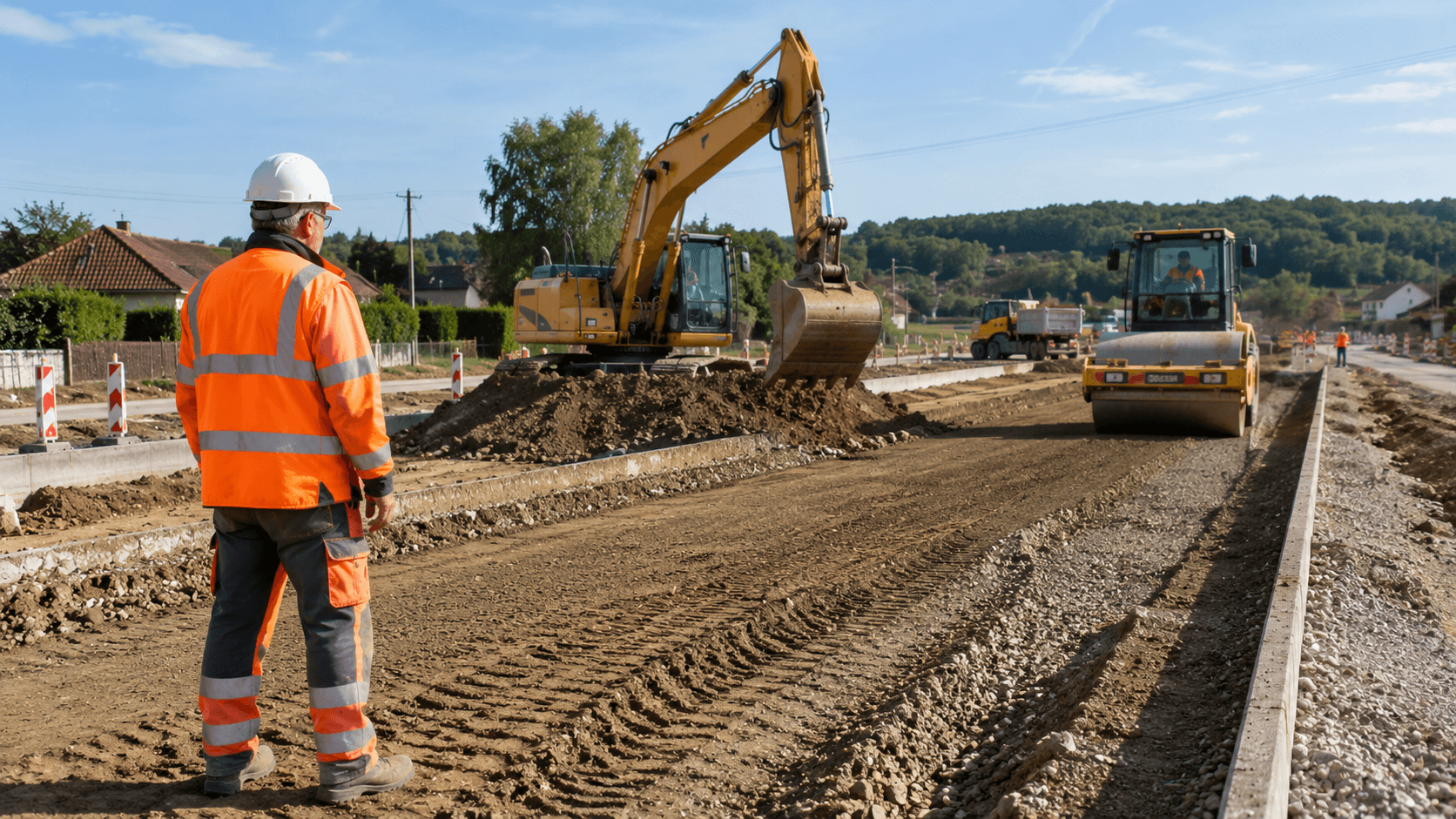 Travaux publics avec engins de terrassement sur un chantier routier
