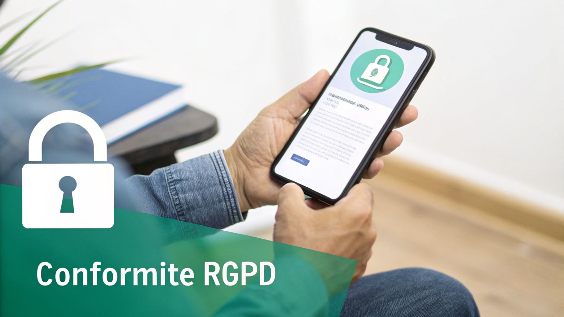 Image d'une personne tenant un smartphone affichant un cadenas, avec le texte 'Conformité RGPD', symbolisant la sécurité des données.
