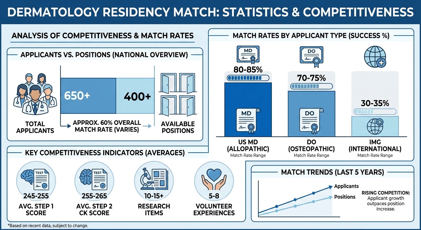 Dermatology residency match rate statistics and competitiveness data infographic