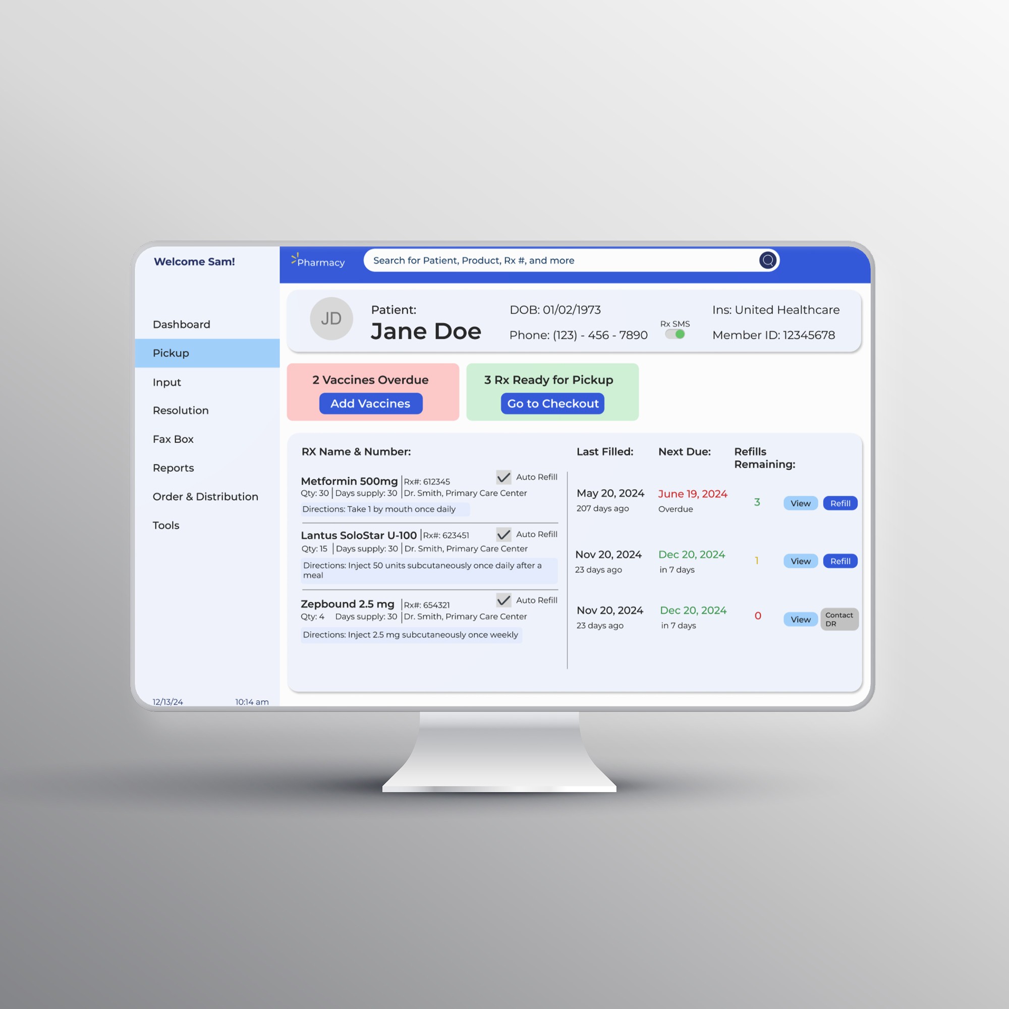 A preview of a pharmacy management system software, featuring a patient profile screen.
