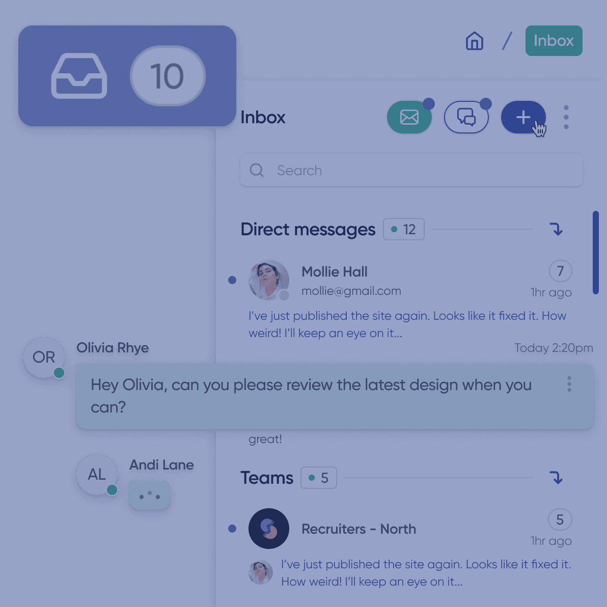 A chat application inbox with a 10-message notification. Direct messages from Mollie Hall and a team message from Recruiters - North are shown, along with a highlighted request for Olivia to review a JD.