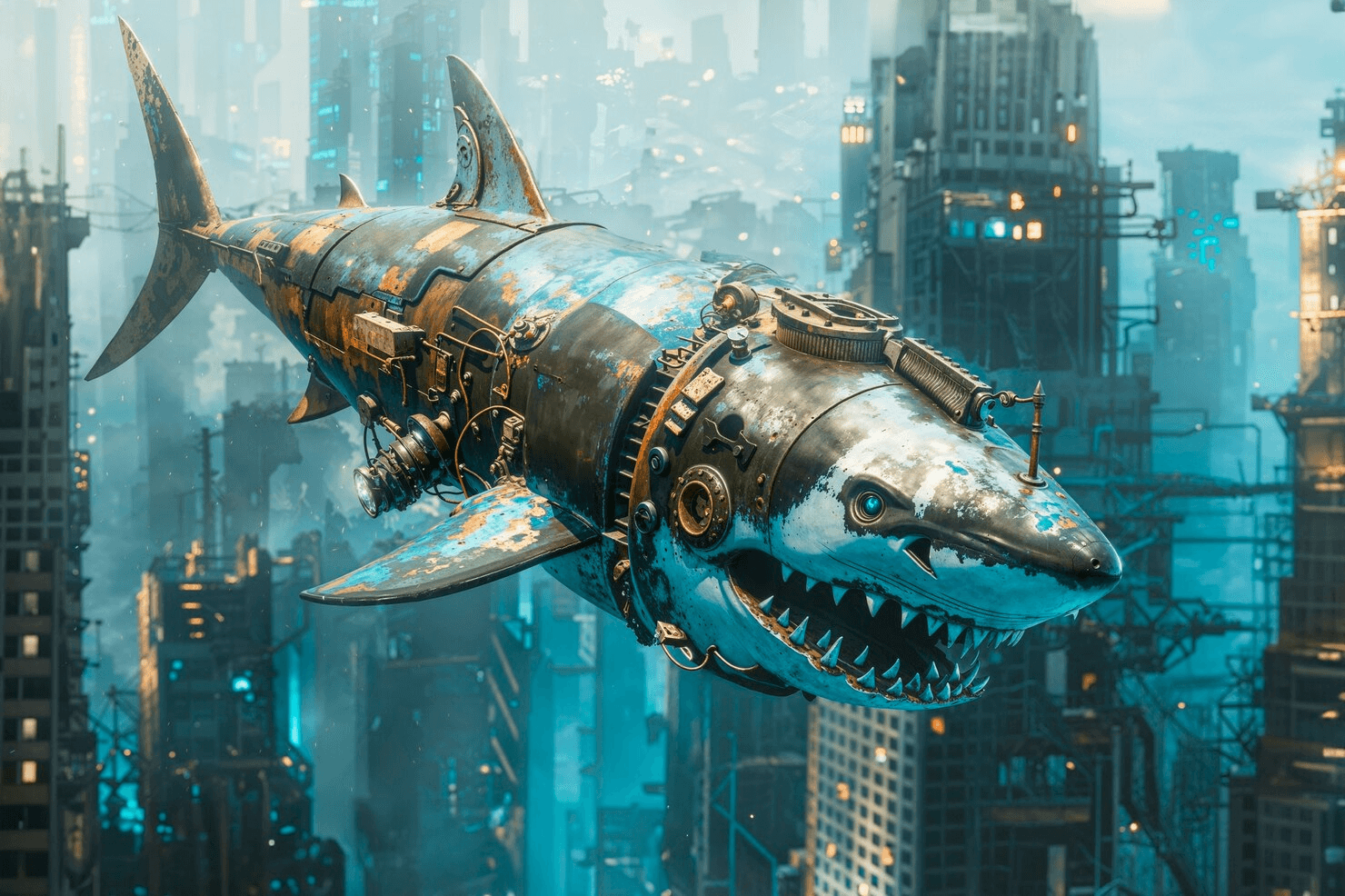A large mechanical shark airship with glowing blue eyes flying over a city