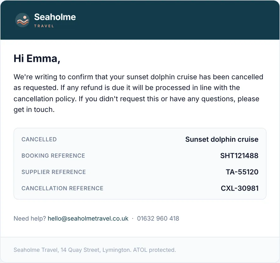 Cancellation confirmation email with the booking, supplier and cancellation references